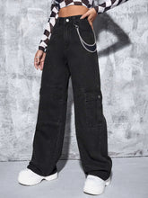 High Waisted Flap Pocket Chain Detail Cargo Jeans